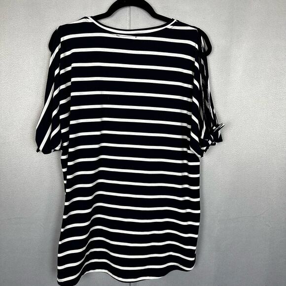 Women's Hayden Los Angeles Navy Blue & White Stripe Cold Shoulder Blouse- Size L - Picture 3 of 7